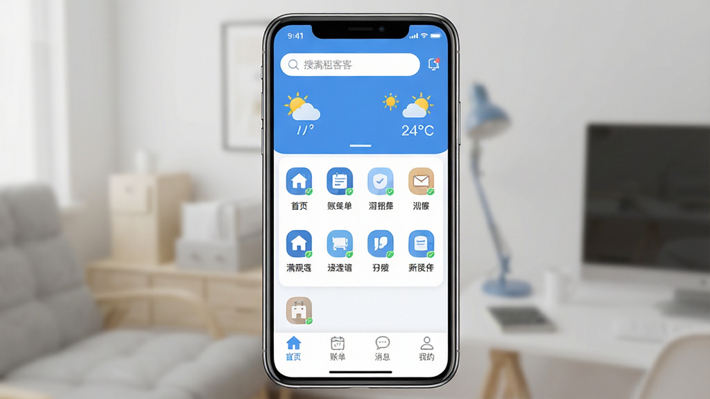 ͼƬչʾ�������APP���������ܽ��棬����Ϊһ�������ֻ���Ļ����Ļ����ʾӦ�����˵���������ҳ���˵�����Ϣ���ҵĵȵײ���������ҳ�涥�����������������Ϣ�����岼�ּ������������������ɫ������ƽ����Ʒ��ϸ��չʾͼ��Բ���������������ʸ��壬�ɾ��޶���Ԫ�أ����ֱ�ע