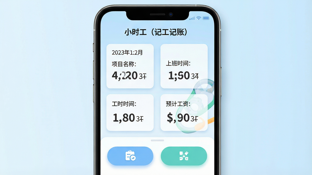 ���壺�ֻ���Ļչʾ��Сʱ�����ǹ����ˣ��������棬����������ʾ���ڡ���Ŀ���ơ��ϰ�ʱ�䡢�°�ʱ�䡢��ʱͳ�ƺ�Ԥ�ƹ��ʡ����֣��ֻ����У���Ļ���ݷŴ�չʾ���Ϸ�ΪӦ�����ơ�Сʱ�����ǹ����ˣ������·�Ϊ���ܰ�ť���Ű棺������������ݿ�Ƭʽ���У�����Ϊ����ɫ���䡣��񣺱�ƽ����ƣ��ִ���ǿ��ɫ�����¡�ϸ�ڣ�����������������ťԲ���е�������Ӱ�����ʣ�������Ⱦ���ɾ����޶���Ԫ�ء�