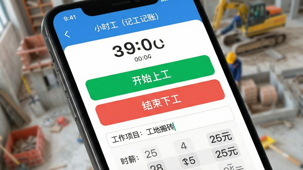 ��д�ֻ�Ӧ�á�Сʱ�����ǹ����ˣ����ļǹ�����ҳ�棬����������һ����ߴ����ɫ����ʼ�Ϲ�����ť�ͺ�ɫ�������¹�����ť���������С���Ļ�Ϸ���ʾ��ǰʱ�䣬�·��С�������Ŀ�����ذ�ש�������������͡�ʱн��25Ԫ�������ֹ��֡������黯������ͻ��ǰ�������������Σ�UI��Ʒ���ƽ����ɫ�����죬�߻��ʸɾ��޶���Ԫ�ء�