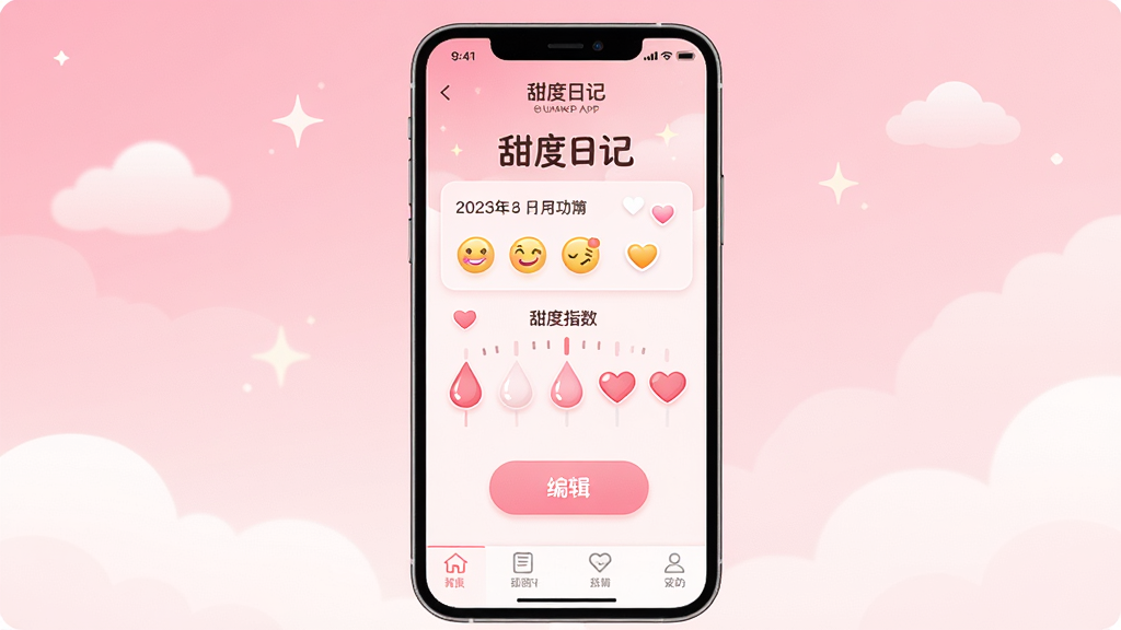 ���壺������App�ġ�����ռǡ����ܽ����ͼչʾ����Ļ���С�����ռǡ����⡢���ڡ��������ͼ������ָ���̶ȡ����֣��ֻ���Ļ���У��·��б༭��ť�ͱ�ǩ�����Ű棺��������������ͼ��Բ�󡣷�񣺱�ƽ����ƣ���ͽ��䱳�����۰�ɫ����ϸ�ڣ����ָ����ˮ��״�����γ��֣������е������ƶ����ǹ⡣���ʣ����壬�ɾ����޶���Ԫ�ء�