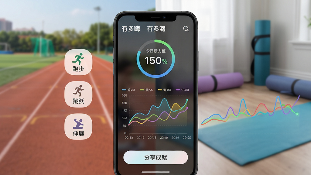���壺�ֻ�Ӧ�á��ж��ˡ����˶���¼���棬������ģ���Ļ����ܵ��������٤�泡��ƴ�ӣ����֣�����������С��ܲ�������Ծ������չ��ͼ�꣬�Ҳ���ʾ��Ӧ��ʵʱ���ݺ�����ͼ���Ű棺����ͼ���ò�ɫ���߱�ʾ������������������ִ���Լ����Ϣ�㼶������ϸ�ڣ������С����ջ���ֵ�����ν��������ײ��С������ɾ͡���ť�����������硰�ж��ˡ�LOGO�����ɼ������ʣ�ϸ���������ɾ��޶���Ԫ�ء�