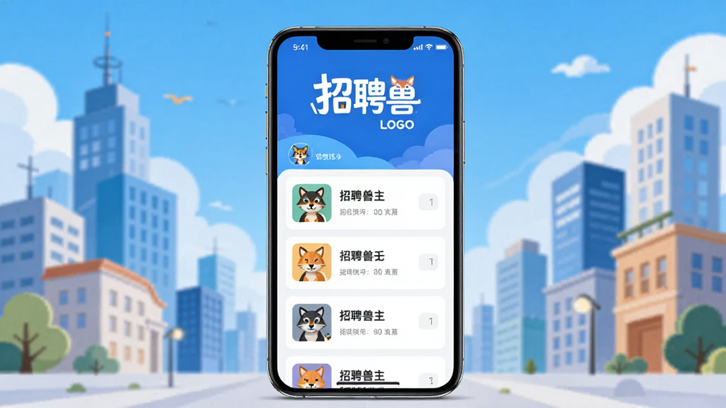 招聘兽主视觉图,一款手机招聘应用,屏幕显示“招聘兽”LOGO和职位列表,背景是城市建筑与蓝天,风格现代扁平,色彩明亮,UI界面清晰,前景手机居中,构图简洁,细节丰富,画质高清,干净无多余元素