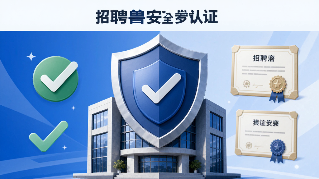 招聘兽安全认证界面,一个盾牌图标覆盖在企业大楼上,表示招聘平台的安全保障,背景为蓝色调,有对勾和证书元素,风格专业,主体突出,布局居中,画质清晰,细节丰富,干净无多余元素