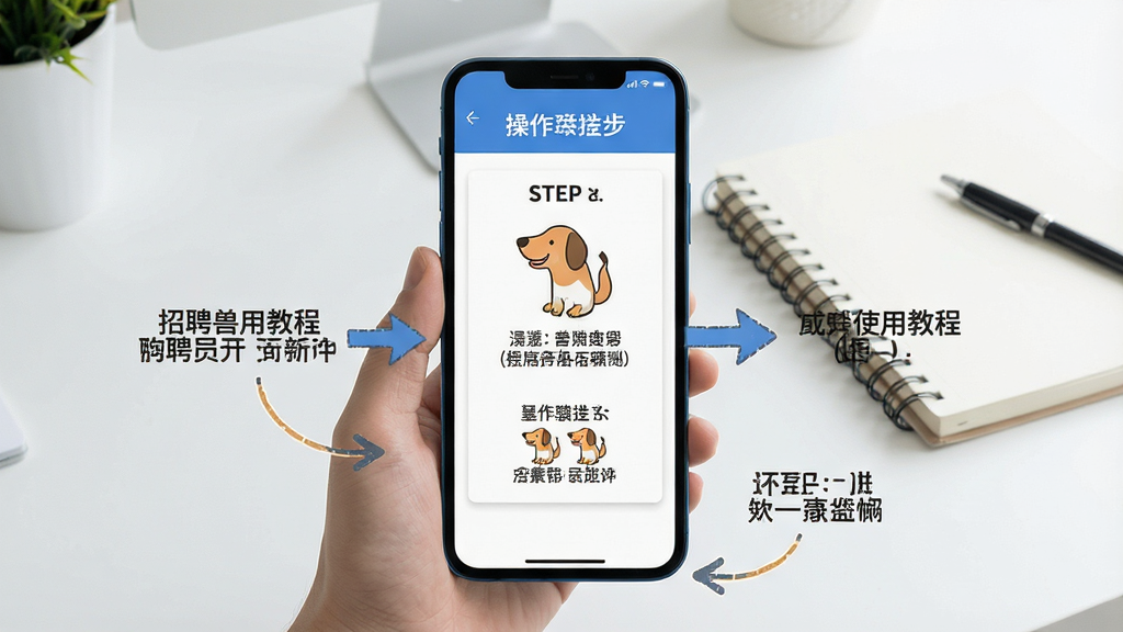 招聘兽使用教程示意图,手机屏幕上显示操作步骤,背景为简洁的桌面和笔记本,有指示箭头和说明文字,风格清晰易懂,主体为步骤图,布局合理,画质干净,无多余元素