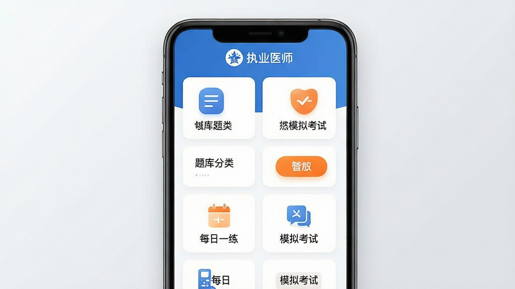���壺�ֻ���Ļչʾ��ִҵҽʦ��APP�����棬����������ʾ�����ࡢÿ��һ����ģ�⿼�ԵȺ��Ĺ���ģ�顣���֣��ֻ����У���Ļ���ݷŴ���֣��������׸ɾ����Ű棺��������б�ʽ���֣�ͼ��Բ�����ֱ�ǩ����������ִ���ƽ������ɫ��Ϊ��ɫ���ɫ�������ɫ������ť��ϸ�ڣ���Ļ�Ϸ���ʾ��ִҵҽʦ��������Logo���·����ܿ�Ƭ�������룬����Ϊǳ�ҽ��䡣���ʣ����壬�ɾ����޶���Ԫ�ء�