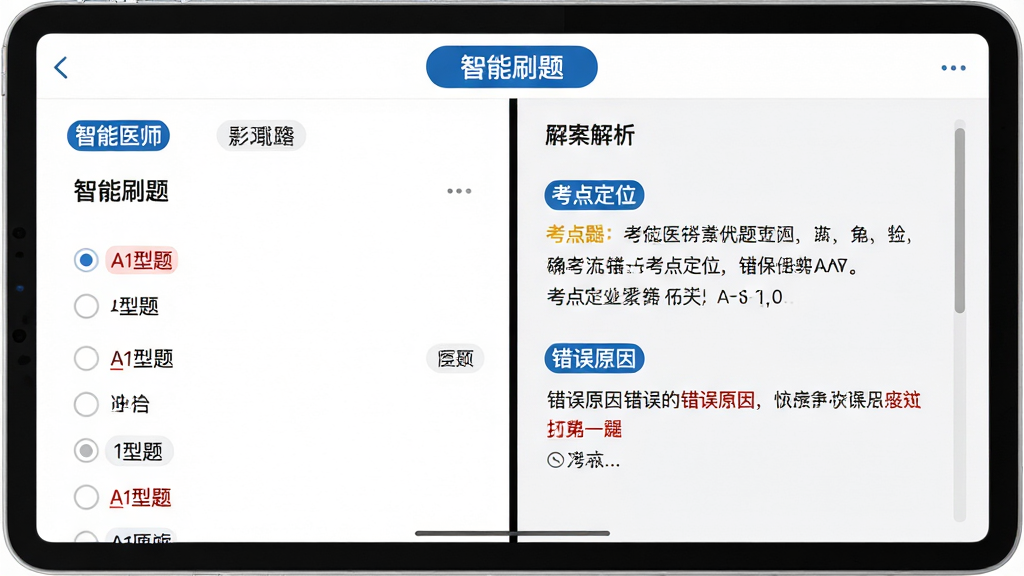 ���壺չʾ��ִҵҽʦ��APP����ˢ����棬���Ϊ��Ŀ�б����Ҳ���ʾ�𰸽��������֣�ƽ����ֻ��������չʾ������������������š��Ű棺��Ŀ����������ѡ��ΪԲ�ε�ѡ��ť���������й���������񣺼��ѧϰ��񣬰׵����֣��ص������ú�ɫ��ע��ϸ�ڣ����涥����ʾ������ˢ�⡱��ǩ����Ŀ�Ϸ������ͱ�ǩ�硰A1���⡱�����������������㶨λ���롰����ԭ�򡱡����ʣ����壬�ɾ����޶���Ԫ�ء�