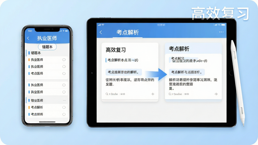 ���壺չʾ��ִҵҽʦ��APP���ֻ���ƽ���ϵ�ʹ�ó�������Ļ��ʾ���Ȿ��������档���֣��ֻ���ƽ�岢�Űڷţ���Ļ���������ɼ����Ű棺�����б��������Ƭ���������������м�ͷָʾ����񣺼�������ѵ��񣬱���Ϊǳ��ɫ���䡣ϸ�ڣ��ֻ���Ļ��ʾ�����Ȿ����ǩ��ƽ����Ļ��ʾ������������������м���һ֧���رʡ����ֱ�ע����Ч��ϰ�������ʣ����壬�ɾ����޶���Ԫ�ء�