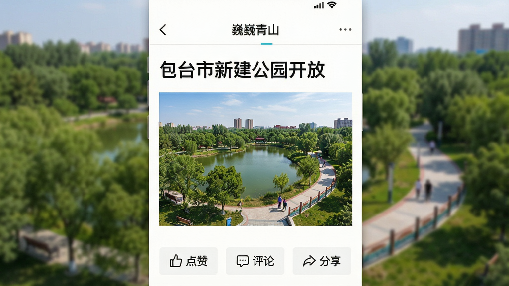 主体为“巍巍青山”APP的新闻详情页截图,页面顶部显示新闻标题“包头市新建公园开放”,下方为清晰的城市公园实景照片,照片中有绿树、湖泊和休闲步道,页面底部有“点赞”“评论”“分享”按钮,整体界面以白色为底,字体为黑色,风格清晰明快,画质高清,干净无多余元素。