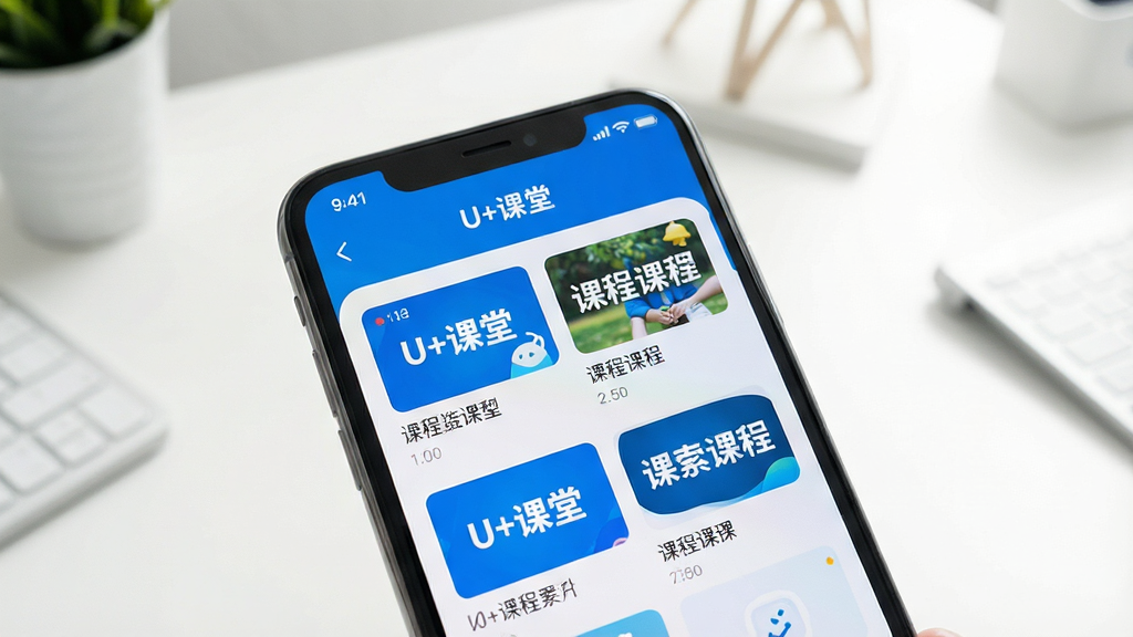 һ�������ֻ���Ļ��д����Ļ��������ʾ��U+���á�APP�Ŀγ��б����棬�������Լ�ִ�������ɫ�Ͱ�ɫΪ��ɫ�����б��������Ų�ͬ�Ŀγ̷�������ͼ����⣬�ֻ�����Ϊ�ɾ��������鷿���棬���廭�������ͣ���ͼ���������ʸɾ����޶���Ԫ�ء�