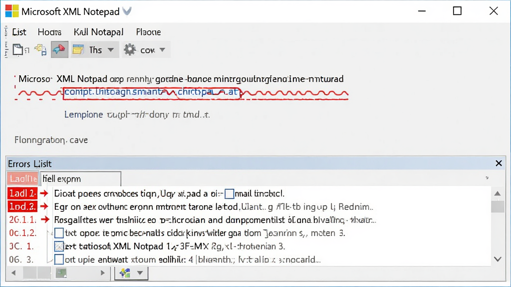 ����ΪMicrosoft XML Notepad�Ĵ�����ʾ���棬��ɫ�����߱�ע����ڵ㣬�ײ������б�������ʾ��ϸ��������������Ϊ���½ṹ�����Ϊ�Ͻ��ļ������߷��ϸ�ڰ��������кź�ɫ��������ת��ͷ�����ʸ���ɾ��޶���Ԫ��