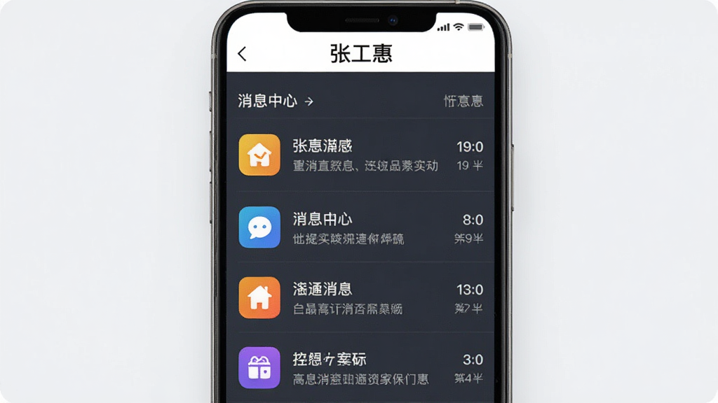 չʾ�Ź���APP��Ϣ֪ͨ���Ľ����ͼƬ���������ֱ�ۣ���Ϣ�б���ʱ�����У�ÿ����Ϣ������Ŀͼ�꣬��������ˬ���������С��Ź��ݡ����������ʸ��壬�Ű������޶���Ԫ�ء�