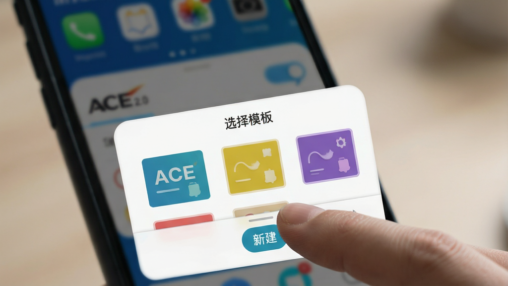 ACE 2.0�ֻ��˲�����ʾͼ��չʾ��ָ����½���ť��˲�䣬��Ļ�ϵ�����ѡ��ģ�塱�ĵײ������������������Ų�ͬ��ɫ��ģ��ͼ�ꡣ����ΪӦ���������ģ��Ч������ͼ�۽��ڵ�����������дʵ��������ͣ����������޶���Ԫ��