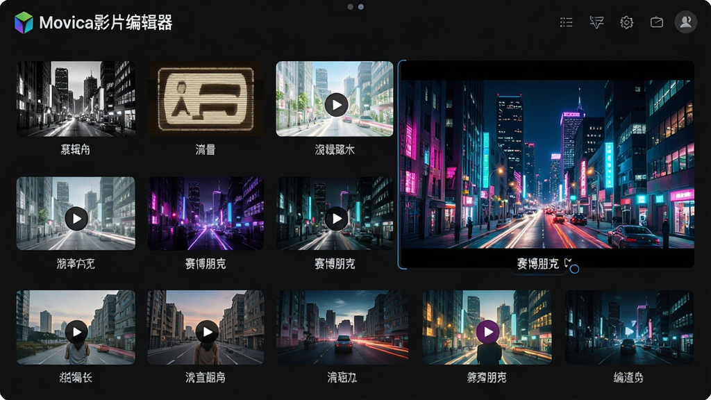 展示Movica影片编辑器滤镜效果库的界面,屏幕上以网格形式陈列着各种不同风格的视频缩略图预览,包括黑白、复古、清新、赛博朋克等风格,每个缩略图下方标注效果名称,当前选中的“赛博朋克”效果应用在主预览窗口的一段城市夜景视频上,色彩绚丽,界面美观,左上角有“Movica影片编辑器”的品牌标识。