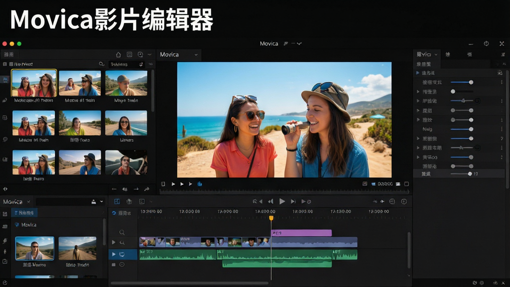展示Movica影片编辑器主界面的宽幅场景,界面布局清晰,左侧为素材库,中间为高清预览窗口,右侧为属性调节面板,整体采用深色专业风格,屏幕上正在剪辑一段色彩鲜艳的旅行vlog,时间轴轨道清晰可见,画质细腻干净,无多余元素,软件名称“Movica影片编辑器”以醒目的白色字体呈现在界面左上角,风格现代简洁。