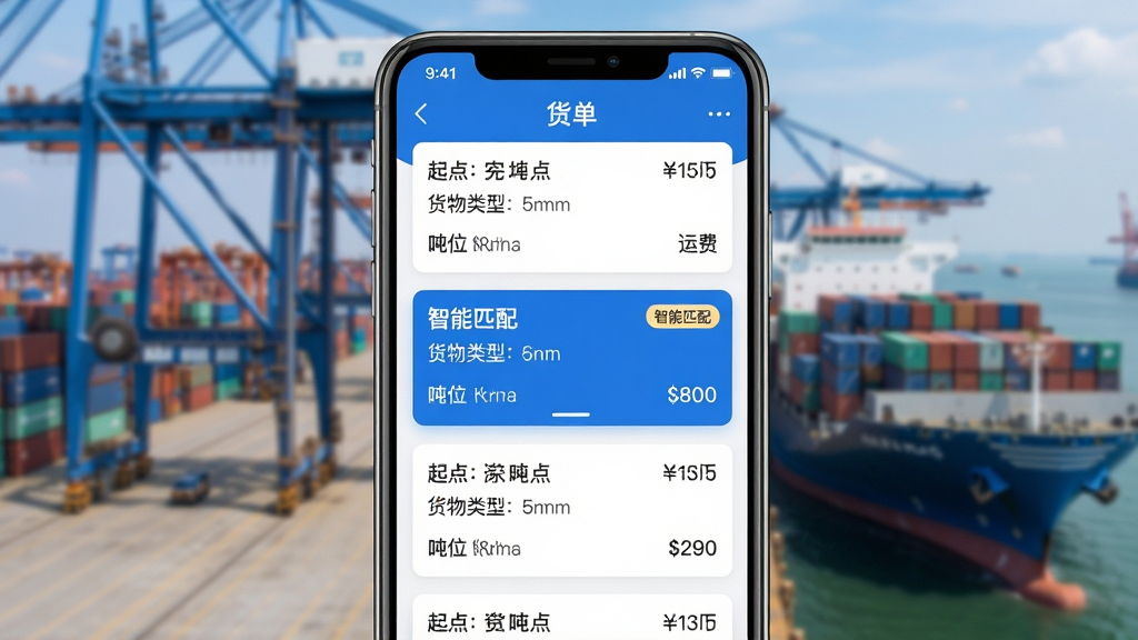ͼƬ����Ϊһ���ִ��������ֻ���Ļ��д����Ļ����ʾ�˶ֶ�APP�Ļ����б����棬ÿ�Ż�����Ƭ������ע����յ㡢�������͡���λ���˷ѣ�����һ�ſ�Ƭ������ѡ�в����С�����ƥ�䡱��ǩ������Ϊ�ֻ��������У���Χ����ģ���ĸۿ�ʵ���������Ű���ֱ�ۣ�UI��������ˬ����ɫ��ɫ�����ɫ�������䡣���ƫ�Ƽ��У�ϸ�ڰ�����Ļ�ϵ������������ɶ������ʸ���ɾ����޶���Ԫ�ء�