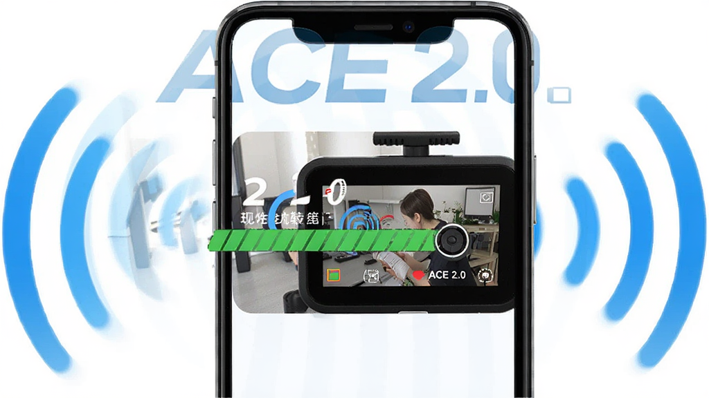 ACE 2.0 无线传输功能示意图,手机屏幕显示高速下载进度条,背景为蓝色无线信号波纹,记录仪画面在手机中实时预览,画面风格写实,色彩明亮,突出“ACE 2.0”软件名称,画质干净清晰,无多余元素
