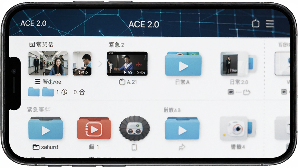ACE 2.0 智能文件管理界面,手机屏幕展示分类清晰的视频文件夹,包括日常录像、紧急事件等,背景为简洁的科技网格,文件列表排列规整,突出“ACE 2.0”名称,画质干净,无多余元素