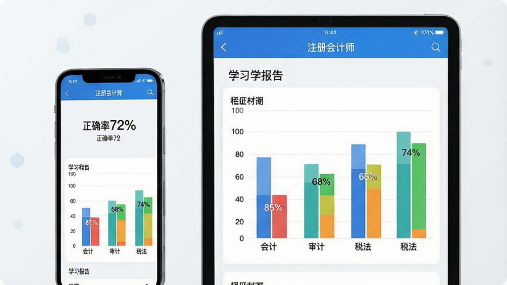 ���壺�ֻ���ƽ�岢��չʾע����ʦAPP��ѧϰ����ҳ�棬��Ļ���С���ȷ��72%������״ͼ�����֣�����ֻ����Ҳ�ƽ�壬������ࡣ�Ű棺ͼ��������ɫ�����ָ���Ŀ������ִ��Ƽ��У�ǳɫ������ϸ�ڣ���Ļ����ʾ����� 85%��������� 68%������˰�� 74%�������ʣ����壬�޶���Ԫ�ء�