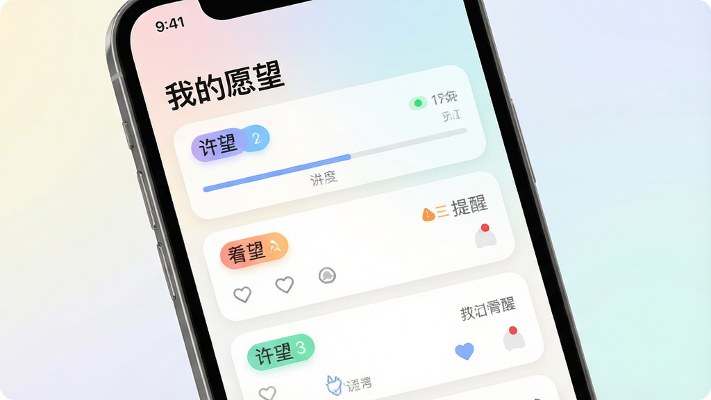 图片主体为手机界面特写,屏幕中展示许愿狐应用内的愿望列表页面,界面顶部显示“我的愿望”字样,下方排列着带有不同彩色标签的愿望卡片。布局清晰,列表纵向滚动排版,卡片圆角设计,整体风格为简洁的移动端UI设计,背景为淡雅渐变,细节包括进度条与提醒标记,画质高清干净,无多余元素。