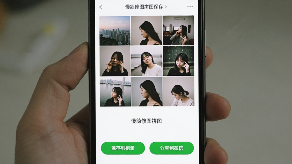 �ֻ���Ļ��ʾ��������ͼƴͼ���༭��ɺ�ı���ҳ�棬�Ϸ�Ϊһ��ƴ�ӺõľŹ���ͼƬ���·��С����浽��ᡱ�͡�������΢�š�������ť�������԰�ɫΪ������ťΪ��ɫ����������죬�����������޶���Ԫ��