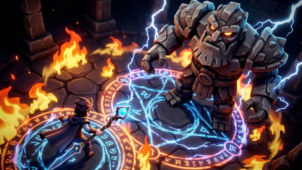 ����Ϊ�����ߴ����硷���鸱��ս�����棬�����н�ɫ�����ʯ��BOSS���ţ����渡��ħ������·�����ܻ��ƻ�����������Ч�����ֲ��ö�̬�����ӽǣ���ɫλ�����½ǣ�BOSSλ�����Ϸ����Ӿ������ǿ�����Ϊ��������뿨ͨ�ںϣ�ɫ�ʶԱ�������ϸ�ڰ���BOSS���ϵ���ʯ�������ɫ����ħ�ȵ����⡣����Ҫ��߶�̬��Χ���ɾ���UI���š�