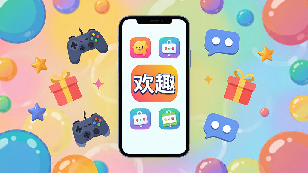 ��������Ϊһ��������Ļ�������ֻ������ڶ�����ݱ������룬��Ļ����ʾ��ȤAPP�Ĳ�ɫͼ���롰��Ȥ�����֣���Χ��������Ϸ�ֱ�������С��Ի����ݵ�СԪ�أ����־��жԳƣ��Ű�������죬����ƽ���廭��ϸ�ڷḻ��ɫ�����ޱ��ͣ����ʸ���ɾ����޶���Ԫ��
