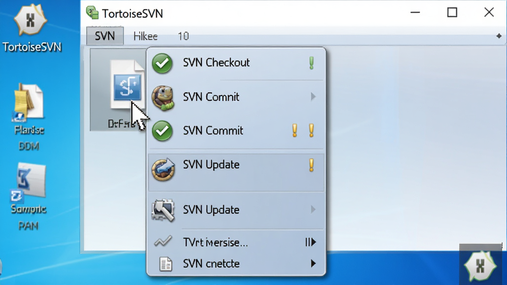 ���壺TortoiseSVN���������ͼ��չʾWindows�Ҽ��˵��и�����SVN���ѡ���SVN Checkout��SVN Commit��SVN Update�����֣�������Ϊһ���ɾ�������Windows���棬���ָ����ͣ���ļ��ϣ������������SVN����Ŀ�ݲ˵����Ű棺�˵��ֱ���У�����������ͼ�꾫��������Ϊ��͵Ľ�������ɫ�����дʵ��񣬹�Ӱ��Ȼ��ϸ����ʵ��ϸ�ڣ��˵���ÿ��ͼ��������ɫ��ѡ���ɫ��̾��״̬��ǣ���Ļ������ʾTortoiseSVN��Logo�����ʣ������壬�ɾ����޶���Ԫ�ء�