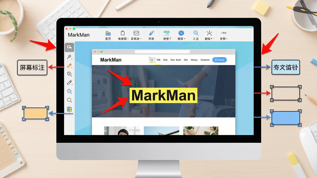 ���壺һ����Ϊ��MarkMan������Ļ��ע�������棬��ʾ�ڵ�����Ļ�ϣ���Χ�м�ͷ�����ֿ򡢾��εȱ�ע����ͼ�ꡣ���֣�������������У�������λ���Ϸ����ߣ�����Ϊǳɫ����̨����ʾ����ͼ���Ű棺������ˬ������ͼ���������룬�����ı�ʶ������ִ���ƽ����ƣ�ɫ�����졣ϸ�ڣ���Ļ����һ����ҳ��ͼ�������к�ɫ��ͷ�ͻ�ɫ�������֡�MarkMan�������ʣ����壬�ɾ����޶���Ԫ�ء�