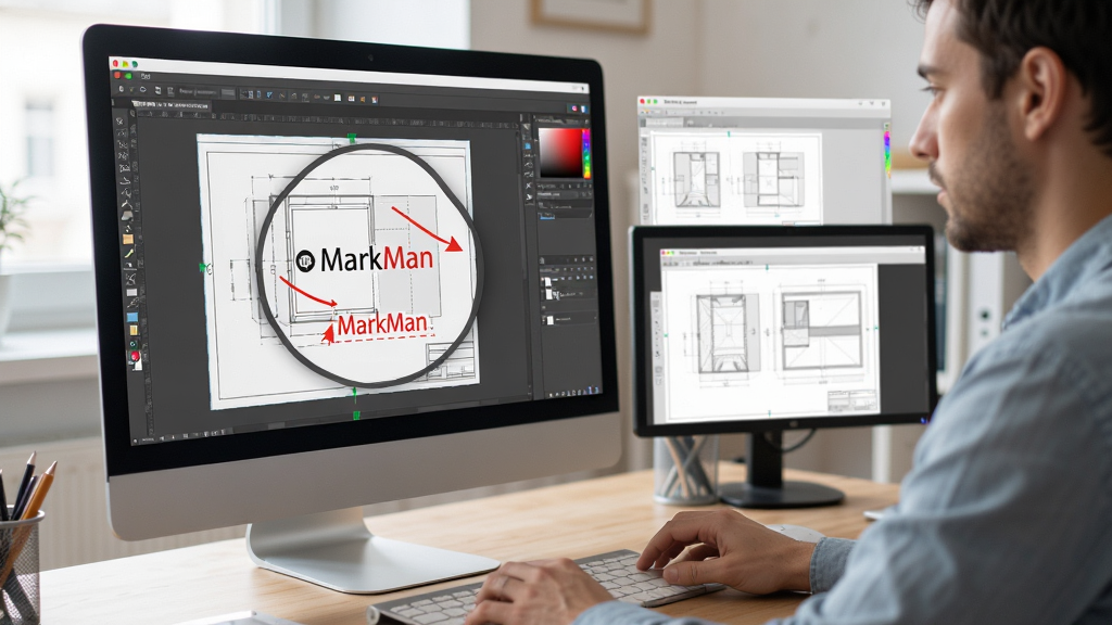 ���壺һλ�û�����ʹ��MarkMan�ڵ����ϱ�ע���ͼ�������ж�����ڡ����֣��û��ֲ�������������Ļ�Ŵ���ʾ��עЧ�����Ű棺������Ȼ��������͡����дʵ��񣬰칫������ϸ�ڣ���Ļ���к�ɫ��ͷ�����֡�MarkMan�������ʣ����壬�ɾ����޶���Ԫ�ء�
