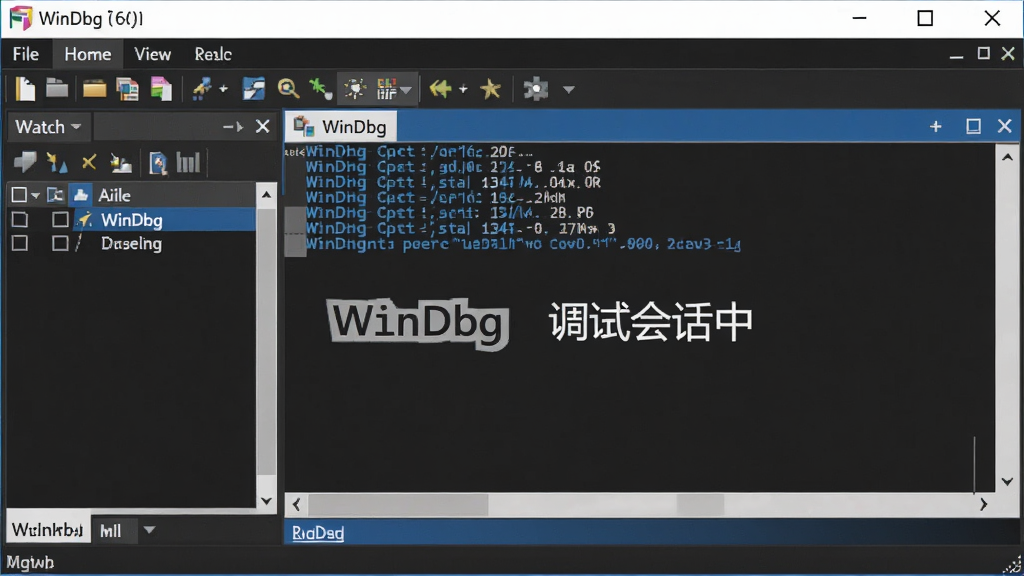 WinDbg �����������ͼ����ɫ���⣬��ʾ�С�File������Home������View���Ȳ˵��������Ϊ��Watch�����ڣ��м�Ϊ���������У���ʾ����ɫ���������ı�����������רҵ���������������࣬���ֱ�ע��WinDbg ���ԻỰ�С��������������޶���Ԫ��