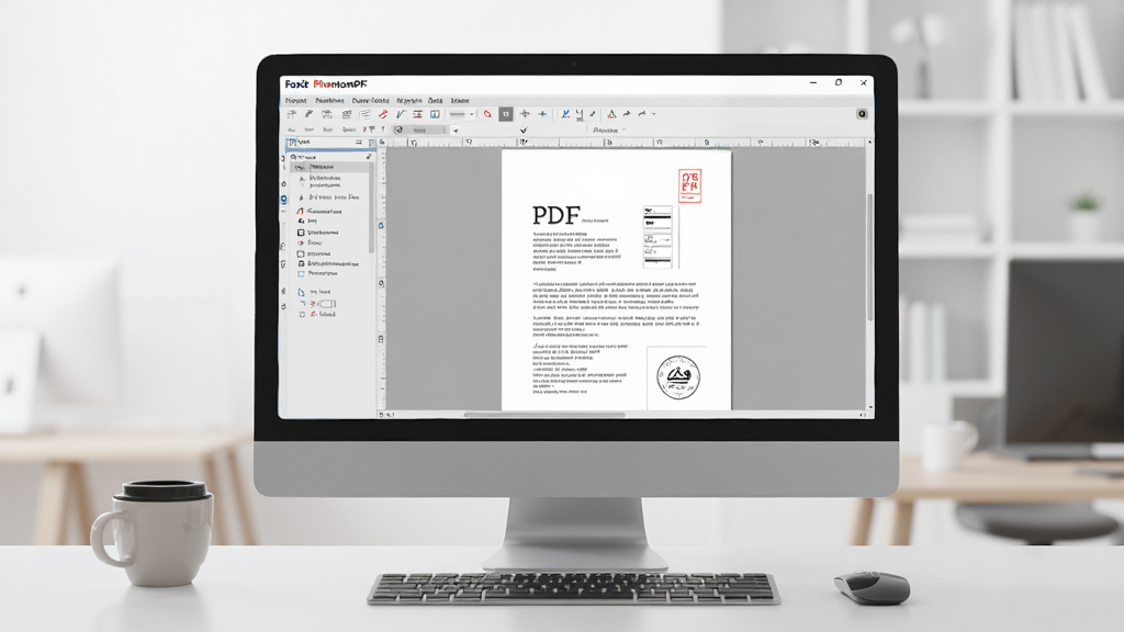 һ���ִ��칫���泡����������Ļ��ʾFoxit PhantomPDF���������棬��������չʾPDF�ĵ��༭״̬����Χ�м��̡����Ϳ��ȱ���������רҵ������������Ⱦ���ɾ��޶���Ԫ��