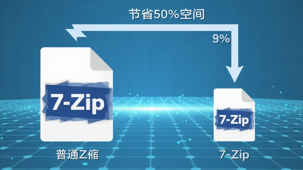 7-Zip ѹ���ȶԱ�ʾ��ͼ�����Ϊ��ͨZIPѹ�����ļ�ͼ��ϴ��Ҳ�Ϊ7-Zipѹ�����ļ�ͼ���С���Ϸ��ü�ͷ�Ͱٷֱȱ�ע����ʡ50%�ռ䡱������Ϊ����ɫ�Ƽ������񣬷���Լ������ͼƬ�ɾ����޶���Ԫ��