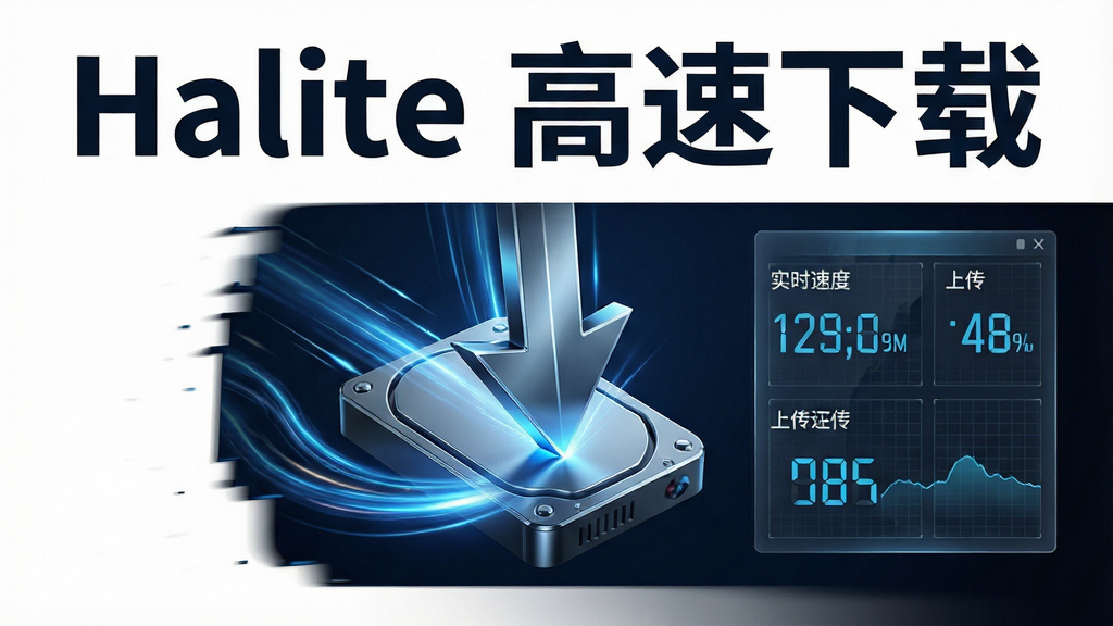 主体:Halite软件logo与高速下载的抽象视觉结合,画面中央是一个风格化的向下箭头穿透硬盘,四周环绕速度线。布局:主视觉居中,右侧以半透明数据面板展示实时下载速度与上传速度的跳动数字。排版:大标题