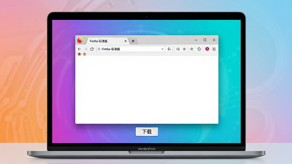 主体:Firefox 标准版浏览器界面,展示在笔记本电脑屏幕上,浏览器窗口居中显示,地址栏输入“Firefox 标准版”文字,页面干净整洁。布局:电脑为主体,背景为渐变色,浏览器窗口占据视觉中心,下方有“下载”按钮。排版:屏幕内容清晰可辨,浏览器工具栏、标签页、书签图标等元素完整呈现。风格:现代简约科技风,色彩明亮,细节丰富,高分辨率渲染。画质:4K超清,干净,无多余元素。