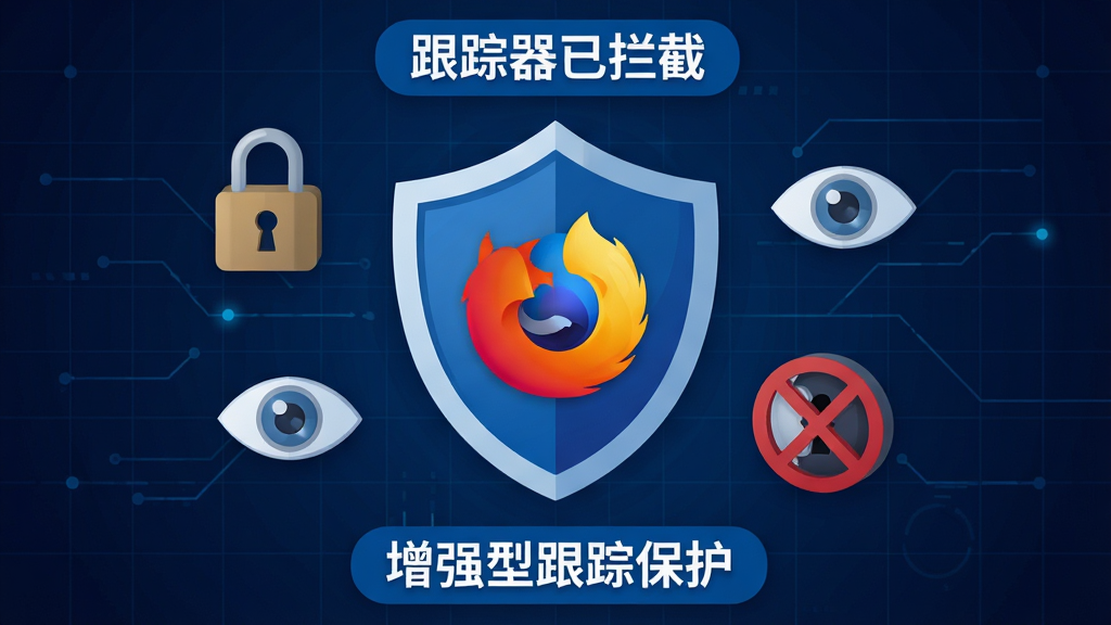 主体:Firefox 标准版隐私保护功能示意,一个盾牌图标位于中央,盾牌上带有火狐标志,周围有锁、眼睛和禁止图标。布局:盾牌居中,背景为深蓝色科技网格,上下分别有“跟踪器已拦截”文字和“增强型跟踪保护”标签。排版:图标和文字清晰对齐,风格简洁明快。风格:扁平化设计结合微立体元素,色彩对比强烈,强调安全感。画质:8K细腻,干净,无多余元素。