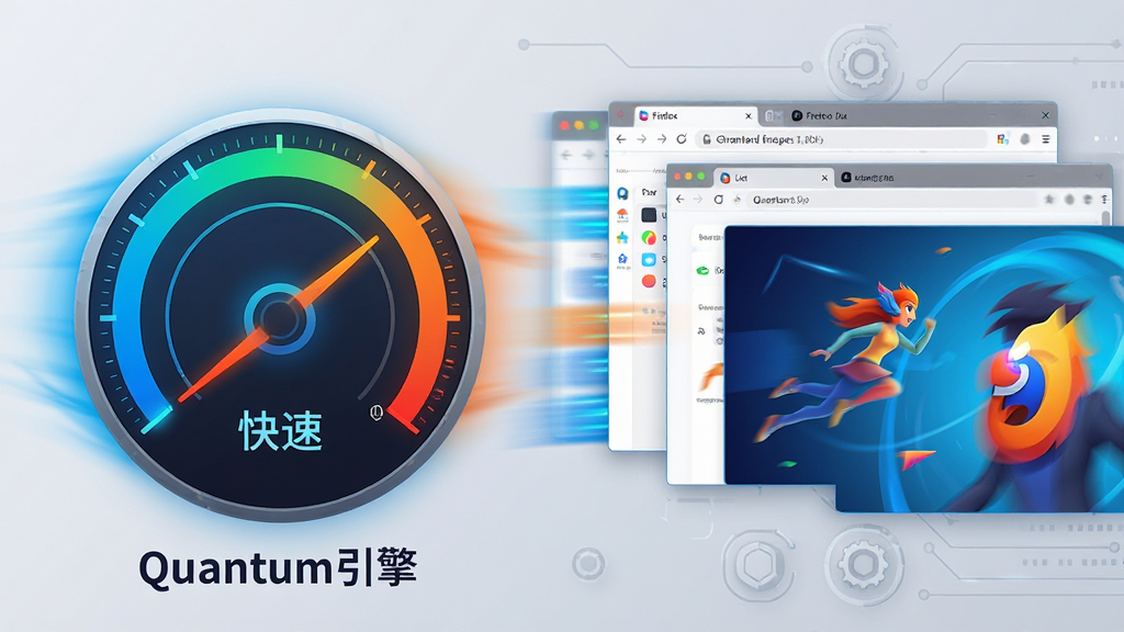 主体:Firefox 标准版性能展示,画面左侧为速度仪表盘,指针指向“快速”区域,右侧为多个标签页和流畅动画。布局:左右分布,背景为浅灰色科技背景,下方有“Quantum引擎”字样。排版:仪表盘、标签页元素排列整齐,动态模糊线条表现速度感。风格:科技感十足,色彩以亮蓝和橙色为主,视觉冲击力强。画质:超清,干净,无多余元素。