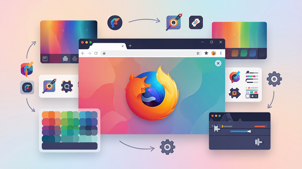 主体:Firefox 标准版自定义界面展示,浏览器窗口周围漂浮着各种主题色块、扩展图标和工具箱。布局:浏览器窗口居中,四周环绕可拖动的颜色面板、扩展插件图标和设置齿轮。排版:元素错落有致,突出“个性化”概念。风格:创意插画风格,色彩缤纷但协调,背景为柔和渐变。画质:高清,干净,无多余元素。