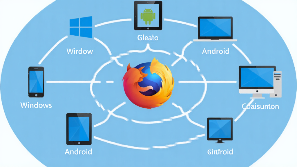 主体:Firefox 标准版跨平台同步示意图,中央为火狐标志,周围环绕手机、平板、笔记本电脑和台式机图标,彼此之间有连线连接。布局:同心圆结构,中心为标志,设备图标均匀分布在外圈。排版:线条流畅,设备图标下方标注“Windows”“Android”等平台名称。风格:科技感扁平化设计,背景为浅蓝色,线条为白色。画质:高清,干净,无多余元素。