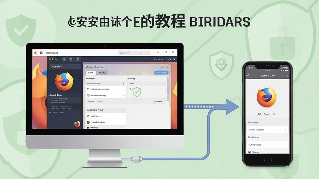 主体:Firefox 标准版使用教程场景,一个电脑屏幕显示Firefox设置界面,旁边有手机展示同步效果。布局:电脑与手机并排,中间有箭头和数据线连接,背景为淡绿色,象征安全。排版:图标和文字清晰,屏幕内容可辨识。风格:写实与扁平混合,色彩柔和。画质:高清,干净,无多余元素。