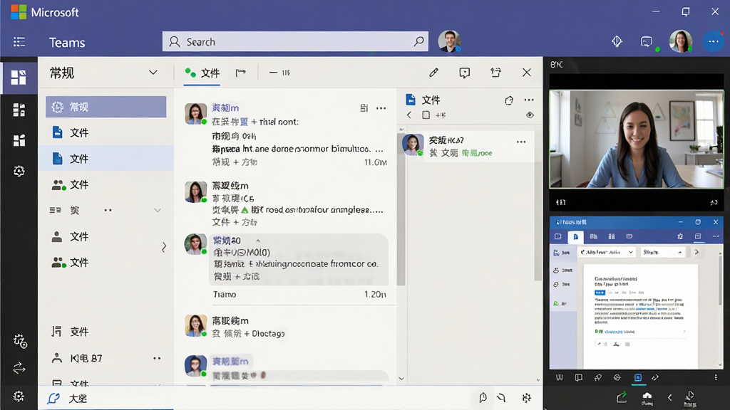 ���壺Microsoft Teams ����������չʾ����Ļ������ʾ�Ŷ�Ƶ���б������촰�ڣ��Ҳ��л�����Ƶ����͹����ĵ������֣����õ����������ʽ��ͼ�����·�Ϊ������������������������͵ײ�����������Ű棺�����Ľ���������������ͼ�굼�����м�����Ի�����������������û�ͷ�񣻷���ִ���ƽ����ƣ�ɫ����΢������ǳ��Ϊ��������ͨ͸��UIϸ�ھ��£�ϸ�ڣ��������������ɼ�����ʾ�����桱�����ļ�����Ƶ����ǩ�����û�����״̬�̵㣻���ʣ�4K���壬�ɾ����޶���Ԫ�أ��ް���ˮӡ��