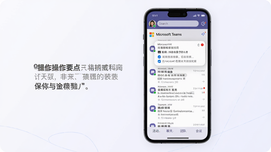 ���壺�ֻ�����չʾ Microsoft Teams �ƶ��˽��棬�ײ��С�������졢�Ŷӡ����顱��ǩ�������Ͻ�ͷ�񣬶��������򣻲��֣������ֻ���ͼ����չʾ���������˵������Ҫ�㣻�Ű棺ͼ�Ĳ�ï���ֻ�����������ʾ�Ի��б���δ����㣻�����ˬ��ǳɫ����������Ԫ��Բ��ϸ�ڣ�������ʾ��Microsoft Teams��Ӧ�����ƣ���֪ͨ��Ϣ����Ч�������ʣ����壬�ɾ����޶���Ԫ�ء�