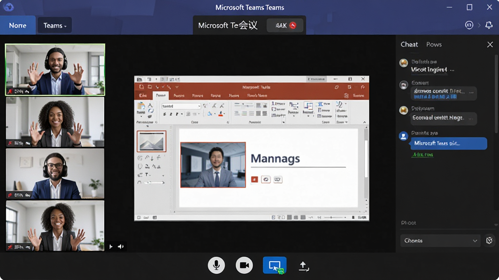 ���壺Microsoft Teams ��Ƶ������棬��ʾ����λ�����Ƶ���ӣ����������ڹ�����PPT�õ�Ƭ���Ҳ���������л�����Ϣ�����֣�������ͼ�������˻���ϴ�����λ�������ͼ�����ڲ�ߣ��Ű棺������ʾ���������¼�ư�ť���ײ�����˷硢����ͷ��������Ļ�ȿ���ͼ�ꣻ�������Ƽ��У���ɫ��������΢��������������Ԫ��������ϸ�ڣ���������Ϊ��Microsoft Teams ���顱���λ���ͷ����������������Ч�����ʣ�4K���壬�ɾ����޶���Ԫ�ء�