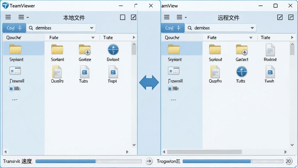 һ��TeamViewer�����ļ���������Ԥ��ͼ����������ʾ�������ŵ��ļ����������ڣ������Ϊ�������ļ������Ҳ���Ϊ��Զ���ļ������м���˫���ͷ��ʾ���䷽���ļ��б������ļ��к��ļ�ͼ�꣬����ײ���ʾ�����ٶȺͽ�������������Ƽ��ֱ�ۣ�ɫ����ǳ���Ͱ�ɫΪ����