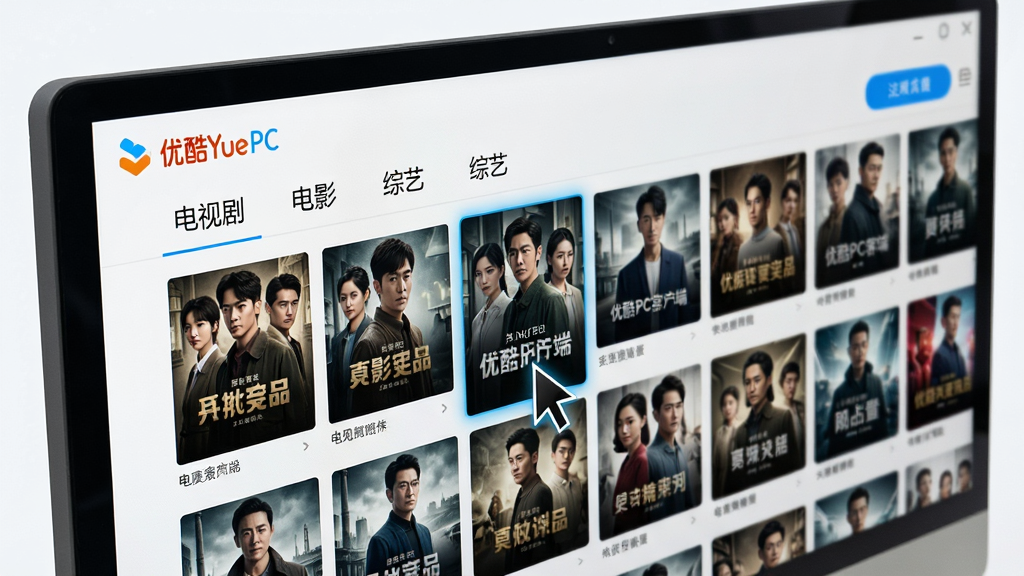 主体为电脑屏幕特写,屏幕上展示优酷PC客户端首页界面,分类导航栏清晰可见,包含“电视剧”“电影”“综艺”等标签,下方是大量精美海报缩略图排列。布局为斜上方45度视角,突出屏幕内容,风格现代科技感,细节有光标悬停在一部热门剧集海报上,画质清晰锐利,文字“优酷PC客户端”出现在界面顶部,整体干净无多余元素。