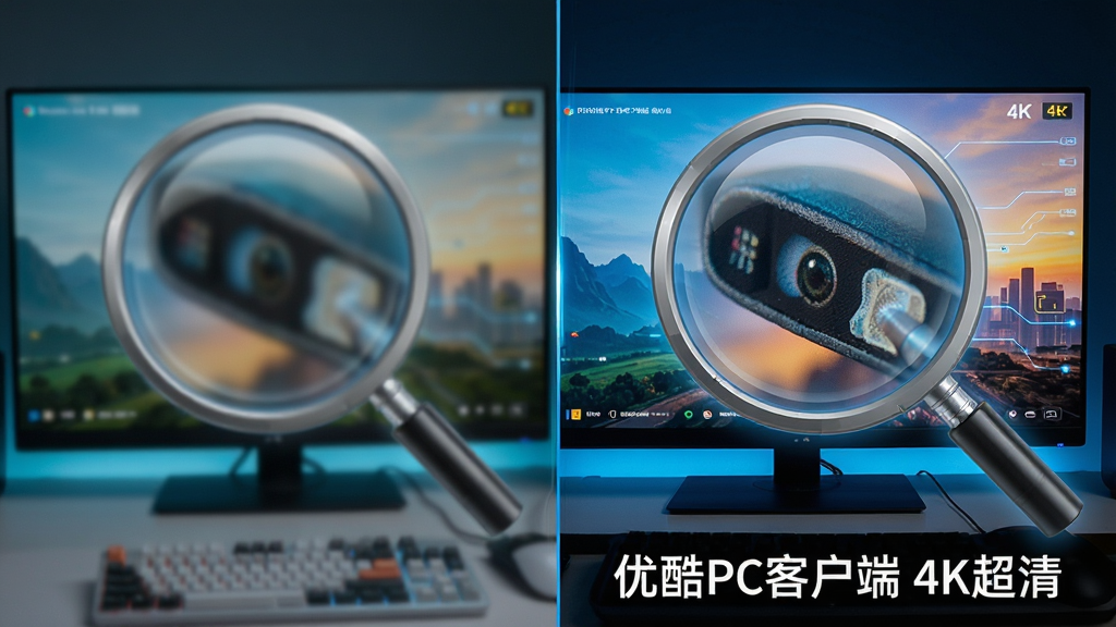 主体为对比画面,左侧显示普通清晰度画面略显模糊,右侧显示优酷PC客户端开启4K后的超清画面,细节丰富色彩饱满。布局为左右分割对比样式,风格科技感十足,细节包括放大镜图标突出细节差异,文字“优酷PC客户端 4K超清”标注在右侧画面下方,画质细腻干净,无多余元素。