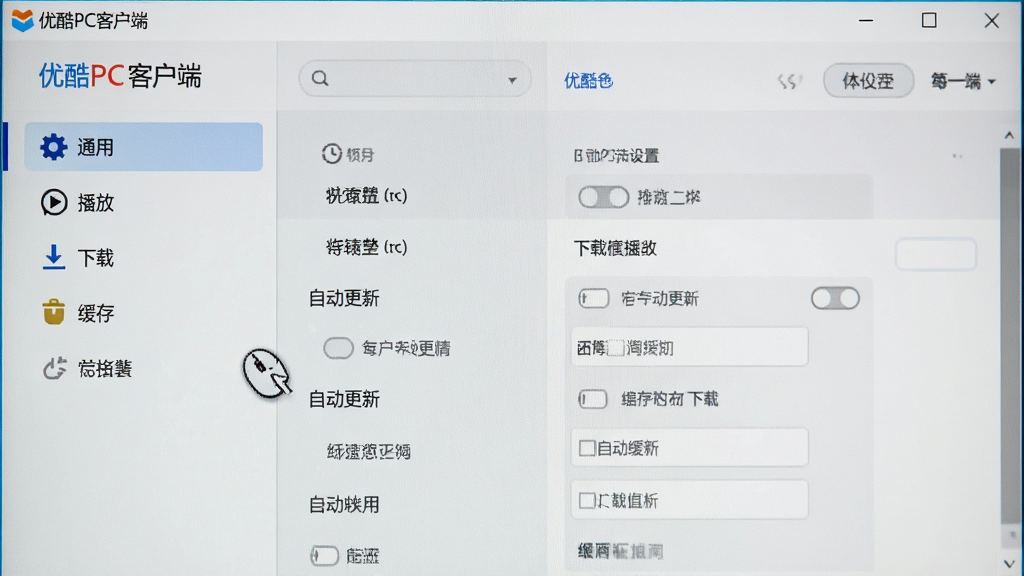 主体为电脑屏幕显示优酷PC客户端的设置界面,左侧菜单有“通用”“播放”“下载”“缓存”等选项,右侧为相应设置内容。布局为屏幕正面特写,风格清爽简洁,细节包括鼠标指向“自动更新”开关,文字“优酷PC客户端”出现在窗口标题栏,画质清晰干净,无多余元素。