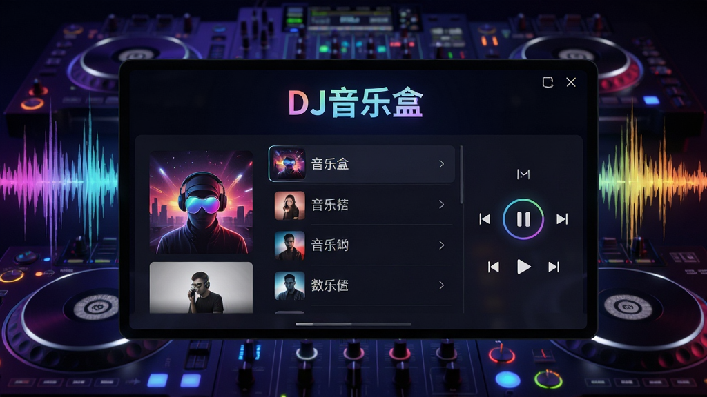 ���壺DJ���ֺ���������չʾ������Ϊ�ſ��DJ���̨���ɫ��������Ļ����ʾ��DJ���ֺС�LOGO������б������֣����й�ͼ������Ԫ�����������Ϊר�����棬�Ҳ�Ϊ���ſ��ư�ť���Ű棺�ִ���Լ�����ֱ�ǩ��������񣺿Ƽ��С����������С�ϸ�ڣ�����ɾ���ɫ�����ޣ��޶���������ʣ���������Ⱦ��ϸ���Ӱ��