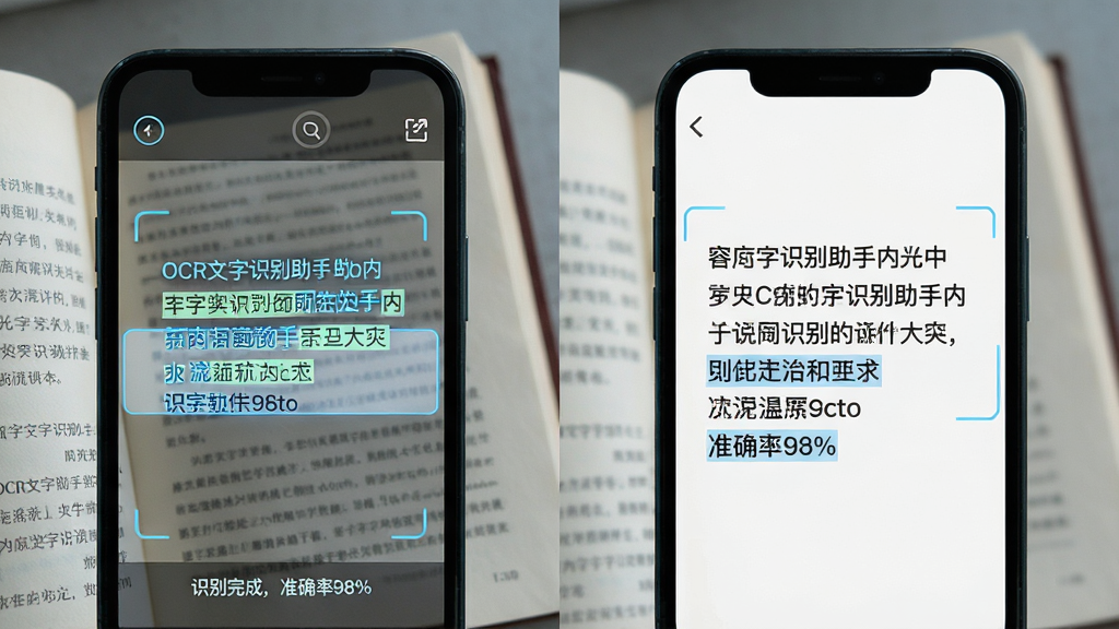 展示OCR文字识别助手识别效果的特写画面,主体为一本书籍页面被手机扫描后,屏幕中瞬间生成高亮文字,左侧是原图,右侧是识别后的纯净文本,布局左右对照,排版清晰,风格科技感,细节处显示“识别完成,准确率98%”小字,画质高清干净,无多余元素