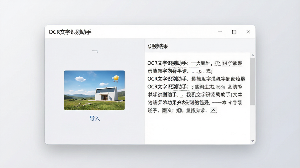 一张展示OCR文字识别助手主界面的高清预览图,画面中央为干净的软件操作窗口,左侧是图片导入区域,右侧显示识别结果文本,背景为浅灰色渐变,整体布局简洁专业,界面文字标注“OCR文字识别助手”,风格现代清爽,画质细腻干净,无多余元素