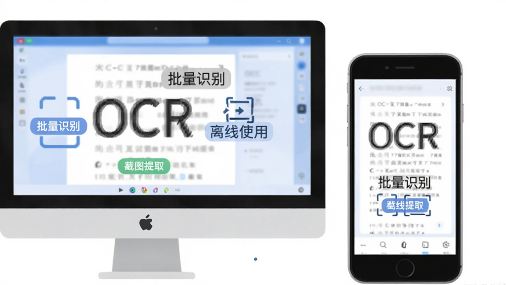 一张横版插图,主体显示电脑与手机并排摆放,屏幕上同时展示OCR文字识别助手的运行界面,画面布局对称,风格现代扁平化,细节处有“批量识别”“离线使用”“截图提取”等文字标签,画质干净明亮,无多余元素